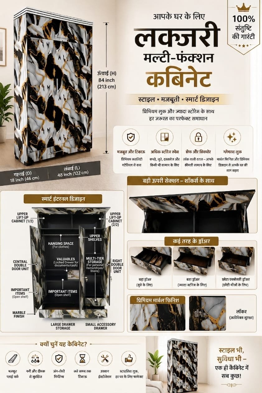 Premium 3 Door Steel Wardrobe with Locker - Image 2